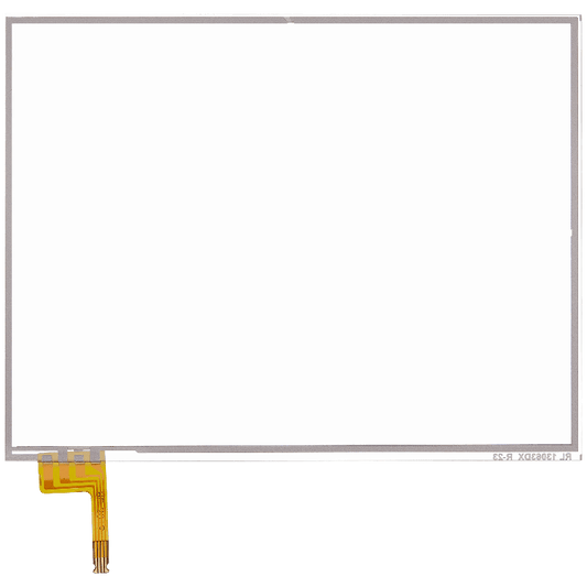 A rectangular transparent Replacement Digitizer Compatible For Nintendo NEW 3DS XL, featuring a thin silver border and flat yellow connector at the bottom left—ideal for screen repair or replacement. White background.