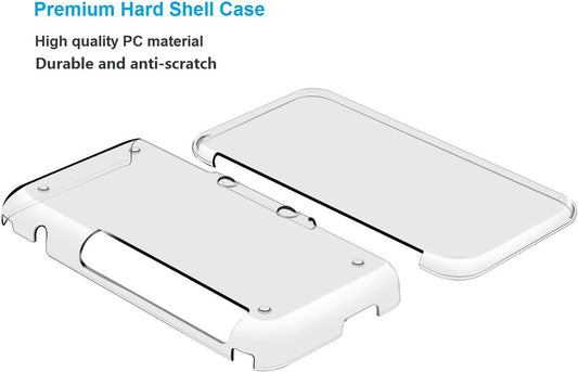 Illustration of the Nintendo New 2DS XL Clear Protective Case, a slim hard shell cover in two pieces. Made from high-quality PC material, it is durable and anti-scratch. Image shows front and back covers.