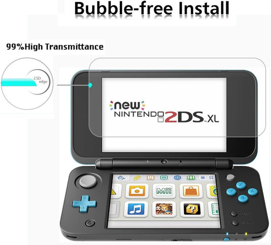 A Nintendo New 2DS XL Screen Protector Set for top & bottom displays offers “Bubble-free Install” and “99% High Transmittance,” ensuring a clear home menu and logo view with superior display clarity.