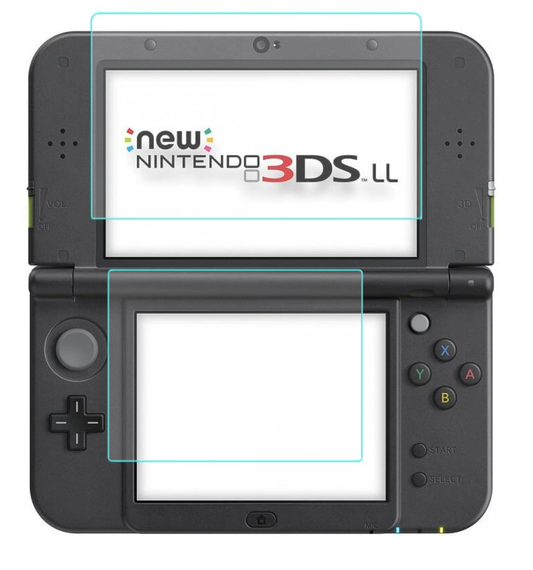 A black New Nintendo 3DS LL is open, showing its logo on both screens highlighted in blue—perfect for displaying the Nintendo New 3DS XL Tempered Glass Screen Protector Set for top and bottom displays.