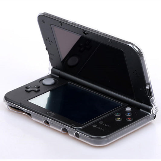 Black gaming console with dual screens on a white background