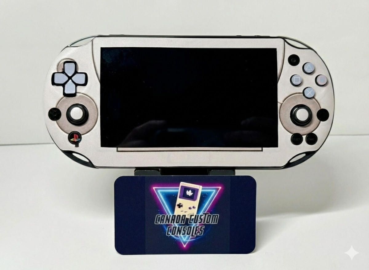 Gaming console with a stand displaying 'Cannor Custom Consoles' logo on a white background