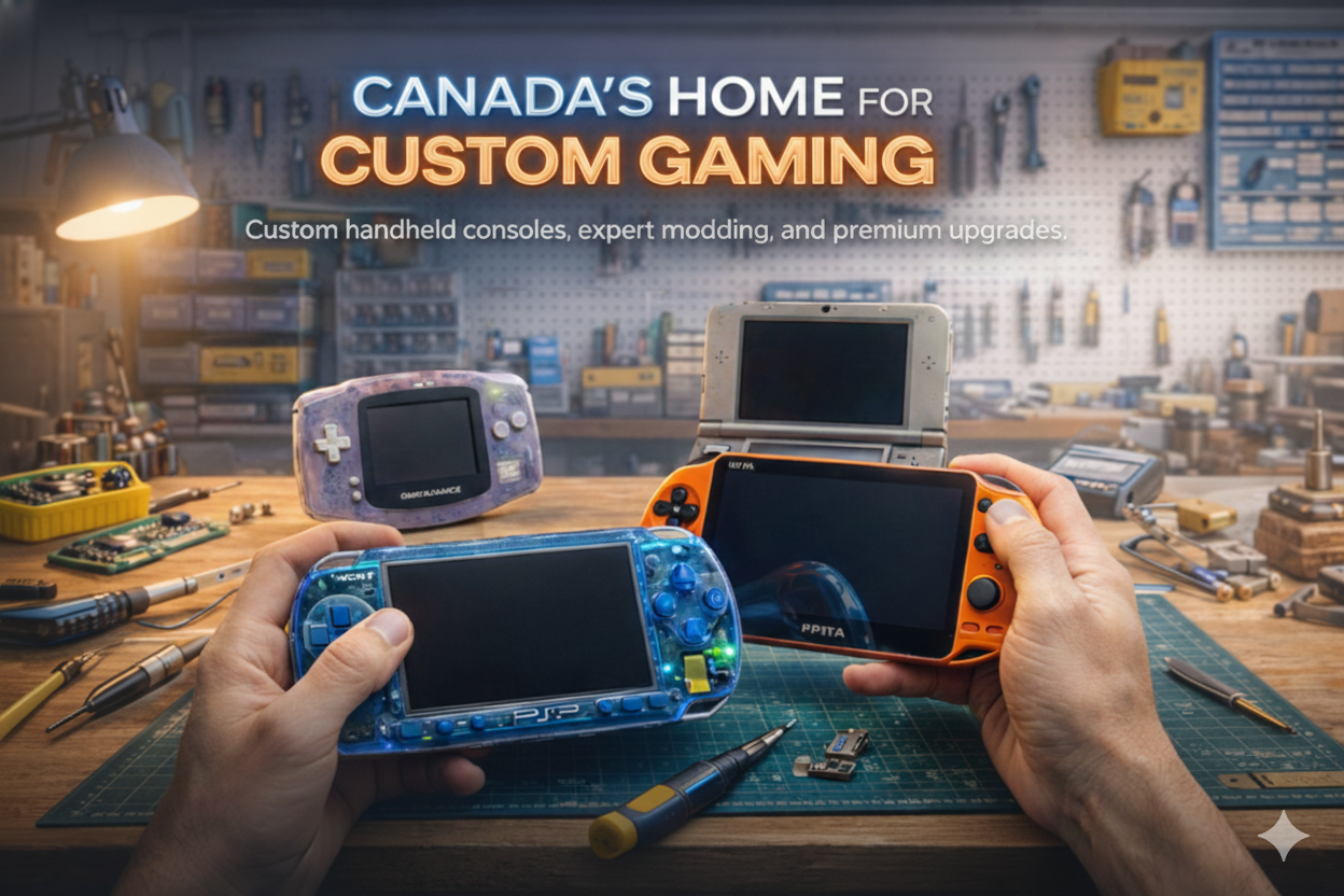 Someone holds two Nintendo New 2DS XL Modded Consoles with custom firmware at a workbench, while two more are on the table. Tools and parts appear in the background with text: Canada’s Home for Custom Gaming—new releases coming soon.