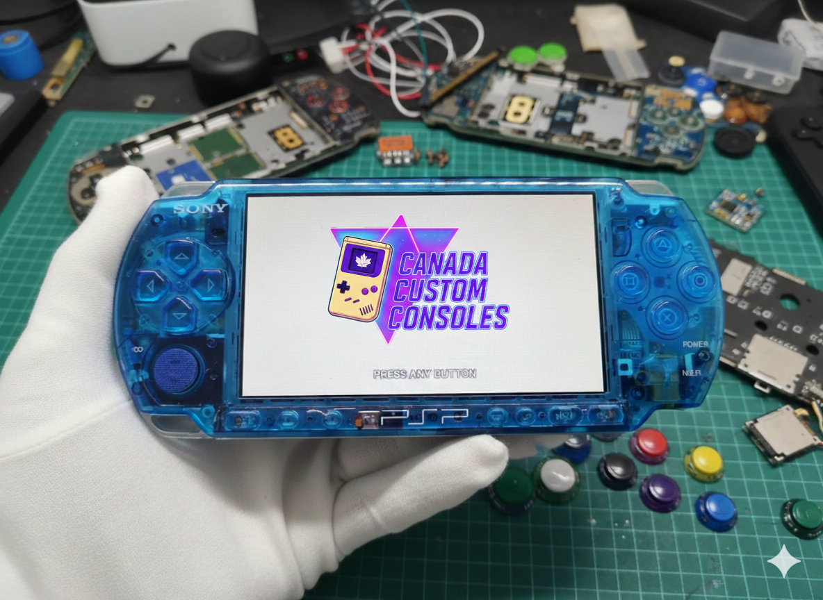A gloved hand holds a Modded Sony PSP 3000 with a custom blue shell, running CFW and games, shown on a Canada Custom Consoles screen amid disassembled electronics and parts on a green cutting mat.