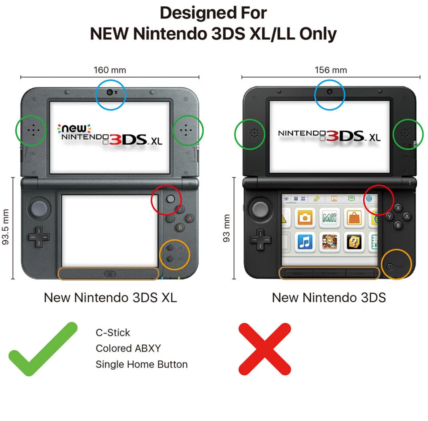 Comparison image of the New Nintendo 3DS XL and older model; the left, shown with C-Stick, colored ABXY buttons, single home button, and a Nintendo New 3DS XL Tempered Glass Screen Protector Set for top & bottom displays.