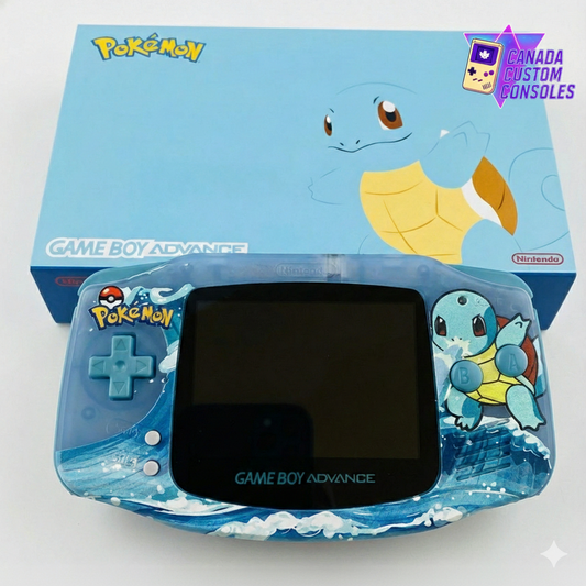 Blue Game Boy Advance with Squirtle design and packaging on a white background