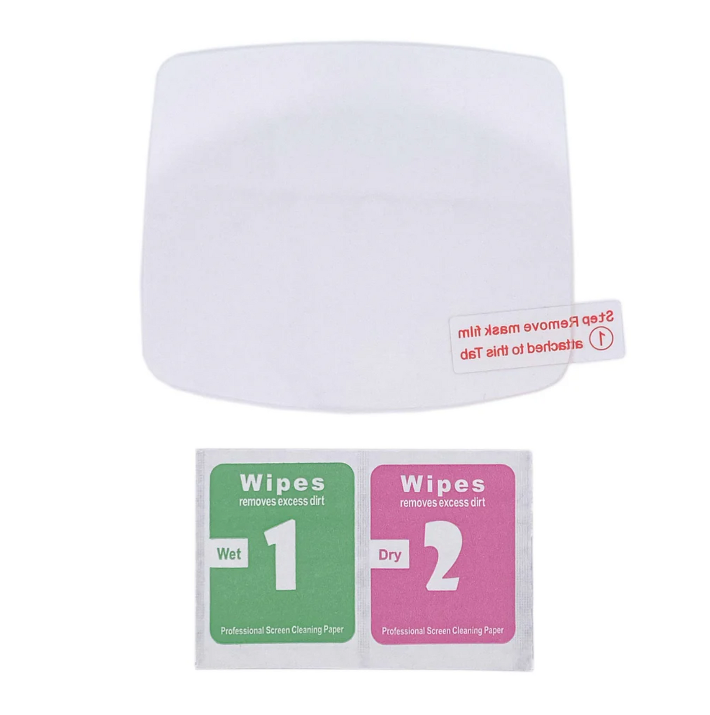 The Game Boy Advance (GBA) Tempered Glass Screen Protector | Crystal Clear comes with a green Wet 1 wipe and a pink Dry 2 wipe for pro cleaning, plus a Step 1 Remove mask film tab—an essential upgrade for any GBA setup.
