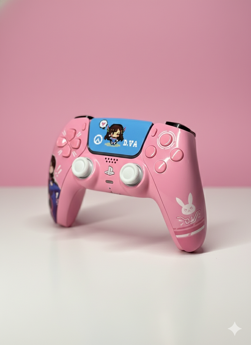 “Collection of custom gaming controllers with reshelled cases and upgraded joysticks, displayed on a table