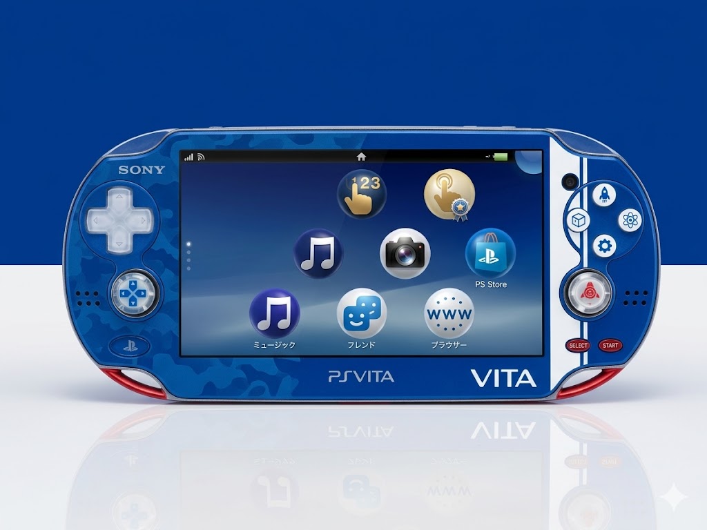 A blue PlayStation Vita handheld gaming console displays its home screen with various app icons on a white and blue background.