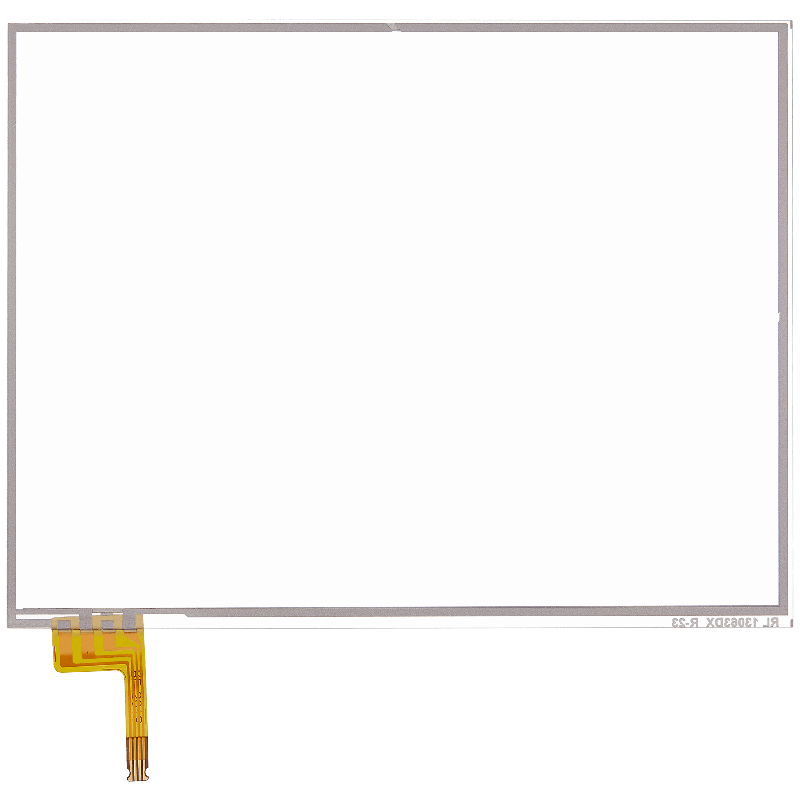 A rectangular transparent Replacement Digitizer Compatible For Nintendo NEW 3DS XL, featuring a thin silver border and flat yellow connector at the bottom left—ideal for screen repair or replacement. White background.