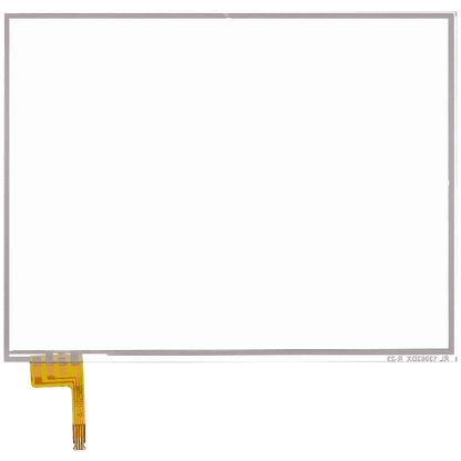 A rectangular transparent Replacement Digitizer Compatible For Nintendo NEW 3DS XL, featuring a thin silver border and flat yellow connector at the bottom left—ideal for screen repair or replacement. White background.