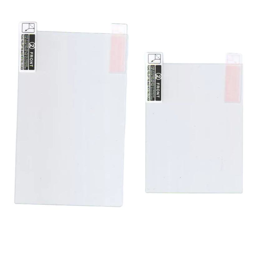 The Nintendo New 2DS XL Screen Protector Set | Top & Bottom Displays includes two ultra-clear rectangular protectors (one large, one small), each with a FRONT black label and red pull tab, shown on a white background.