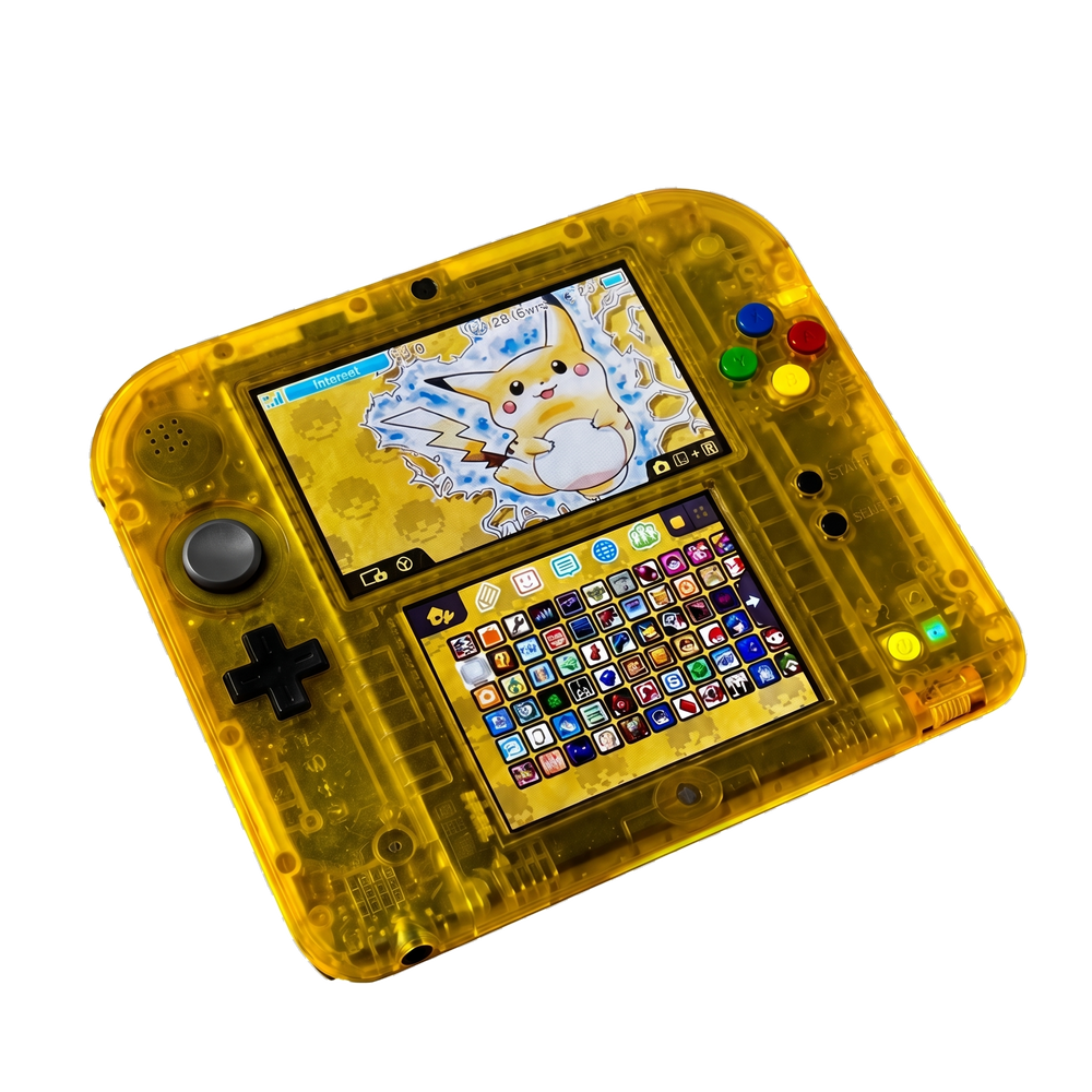 Transparent yellow handheld gaming device with a screen displaying a cartoon character.
