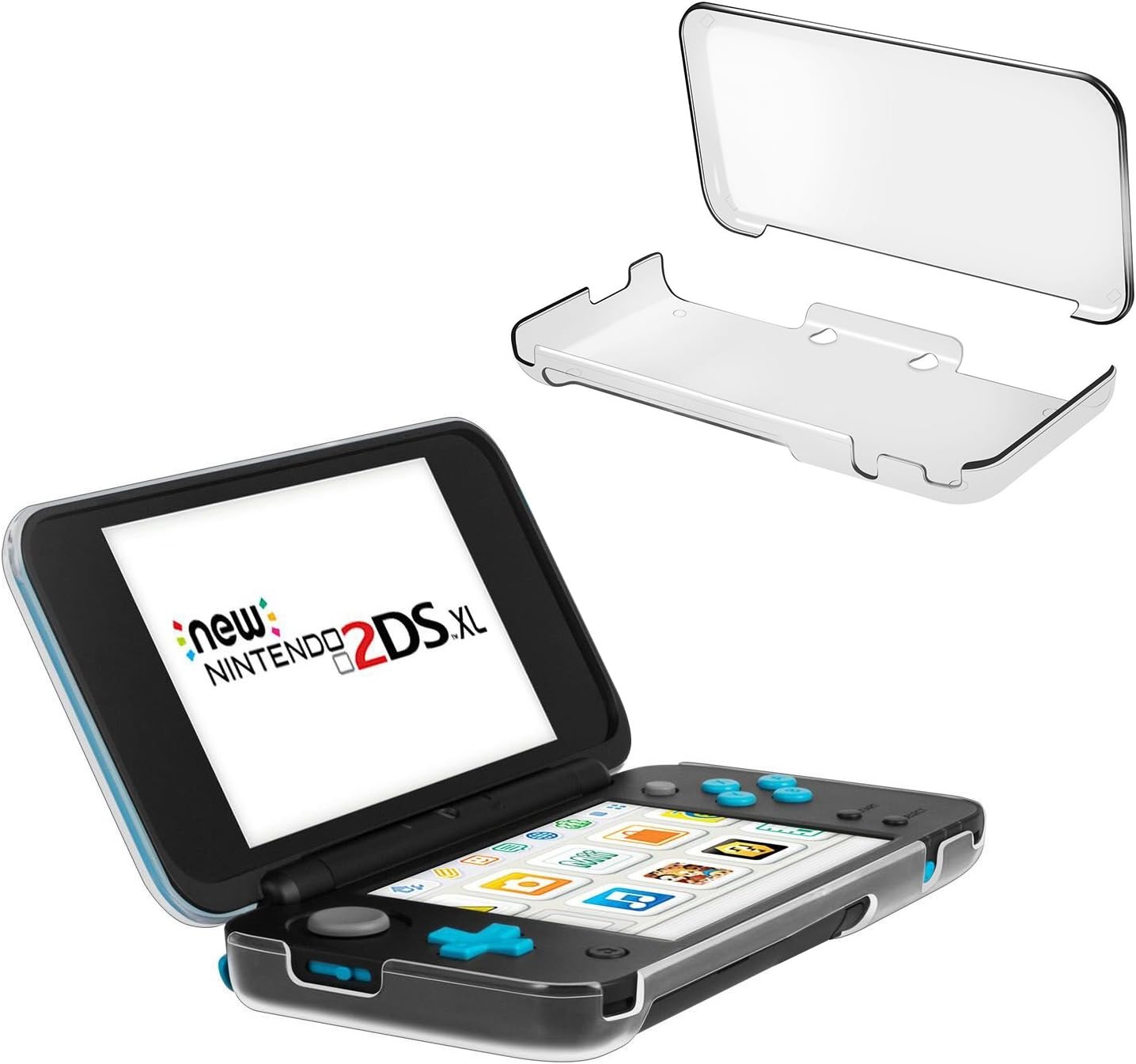 A black and blue New Nintendo 2DS XL is shown open with its screens and buttons visible. Next to it is the Nintendo New 2DS XL Clear Protective Case, a slim hard shell cover, displayed detached and slightly open.