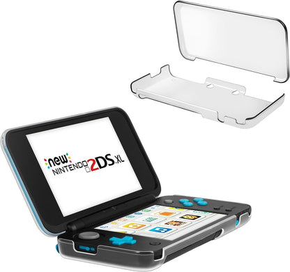 A black and blue New Nintendo 2DS XL is shown open with its screens and buttons visible. Next to it is the Nintendo New 2DS XL Clear Protective Case, a slim hard shell cover, displayed detached and slightly open.