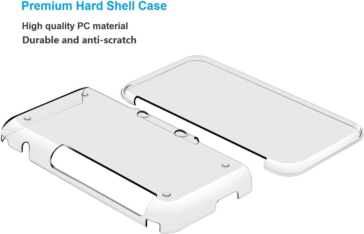 Illustration of the Nintendo New 2DS XL Clear Protective Case, a slim hard shell cover in two pieces. Made from high-quality PC material, it is durable and anti-scratch. Image shows front and back covers.