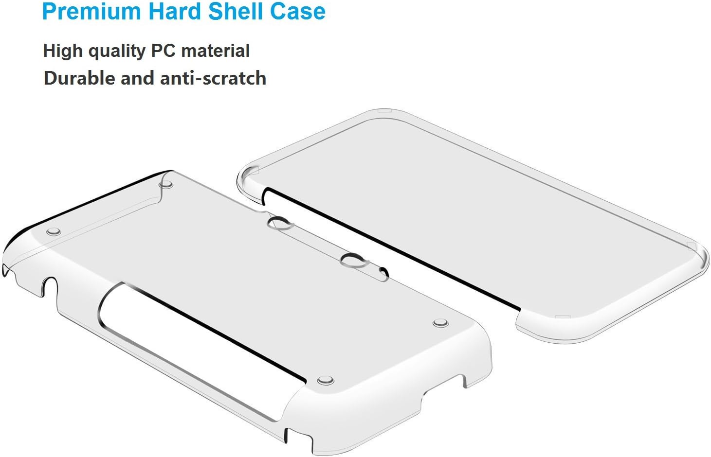 Illustration of the Nintendo New 2DS XL Clear Protective Case, a slim hard shell cover in two pieces. Made from high-quality PC material, it is durable and anti-scratch. Image shows front and back covers.