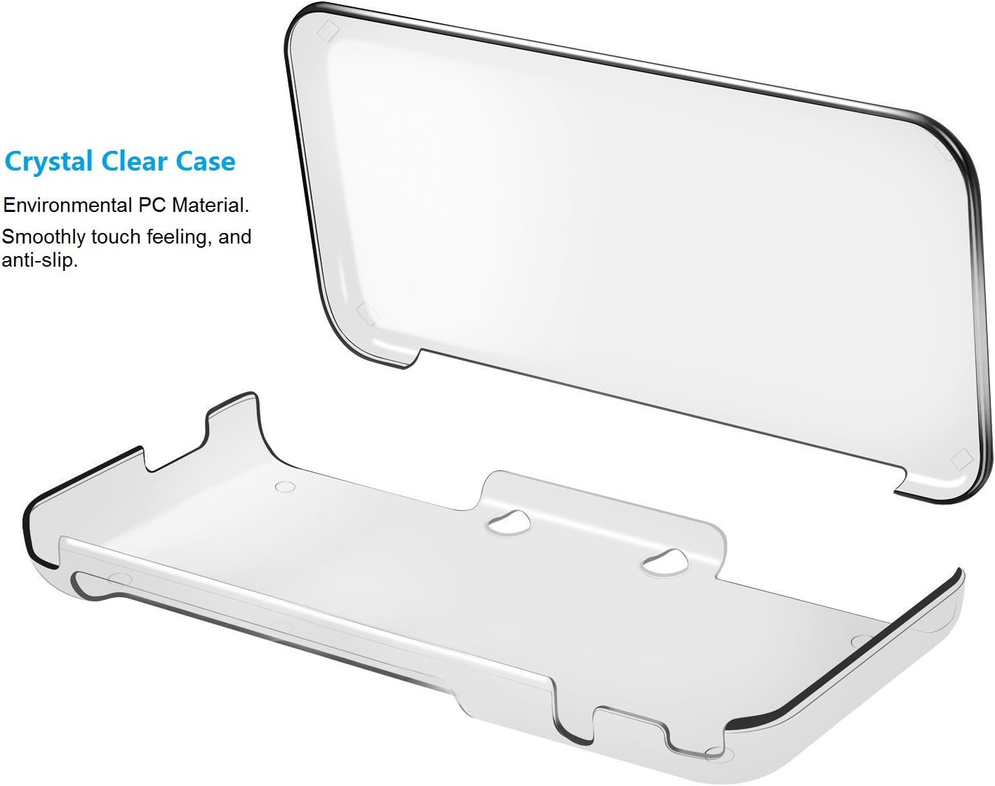 The Nintendo New 2DS XL Clear Protective Case | Slim Hard Shell Cover is shown in two pieces. Made from eco-friendly PC, it features a crystal clear design with a smooth, anti-slip finish for protection and style.