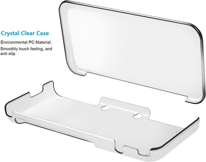 The Nintendo New 2DS XL Clear Protective Case | Slim Hard Shell Cover is shown in two pieces. Made from eco-friendly PC, it features a crystal clear design with a smooth, anti-slip finish for protection and style.