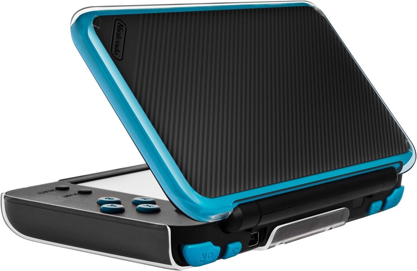 A black and blue Nintendo New 2DS XL, partially open to display its dual screens and buttons, is shown inside the Slim Hard Shell Cover Clear Protective Case.
