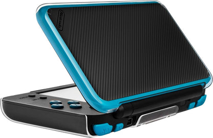 A black and blue Nintendo New 2DS XL, partially open to display its dual screens and buttons, is shown inside the Slim Hard Shell Cover Clear Protective Case.