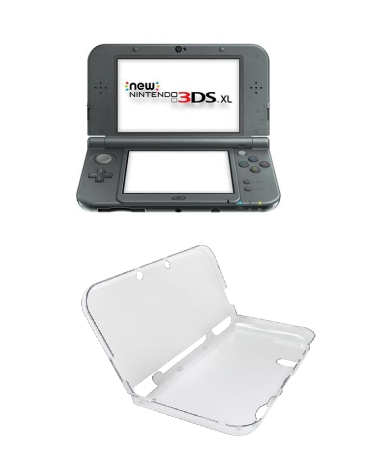 New Nintendo 3DS XL gaming console with a clear case on a white background
