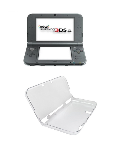 New Nintendo 3DS XL gaming console with a clear case on a white background