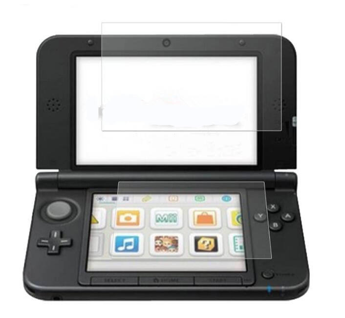 An open black Nintendo 3DS shows its home screen, both displays shielded by the Nintendo 3DS XL Screen Protector Set | Top & Bottom Displays | Crystal Clear for extra durability.