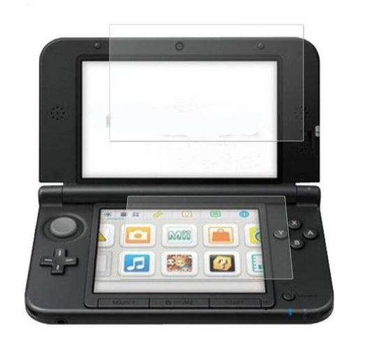An open black Nintendo 3DS shows its home screen, both displays shielded by the Nintendo 3DS XL Screen Protector Set | Top & Bottom Displays | Crystal Clear for extra durability.