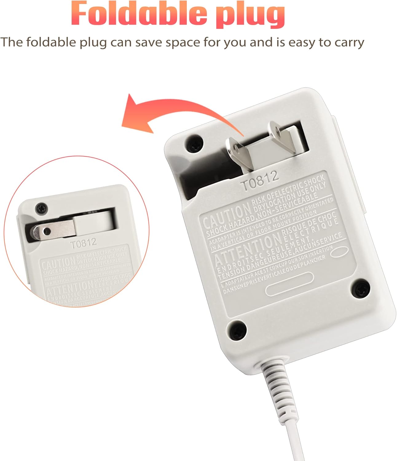 A white Nintendo DSi / 2DS / 3DS Replacement Charger with a foldable plug is shown. An arrow highlights the compact, portable design. Compatible as a Nintendo DS AC adapter. Text above reads "Foldable plug.