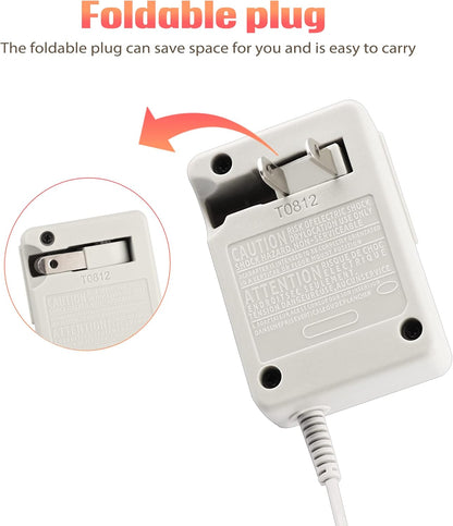 A white Nintendo DSi / 2DS / 3DS Replacement Charger with a foldable plug is shown. An arrow highlights the compact, portable design. Compatible as a Nintendo DS AC adapter. Text above reads "Foldable plug.