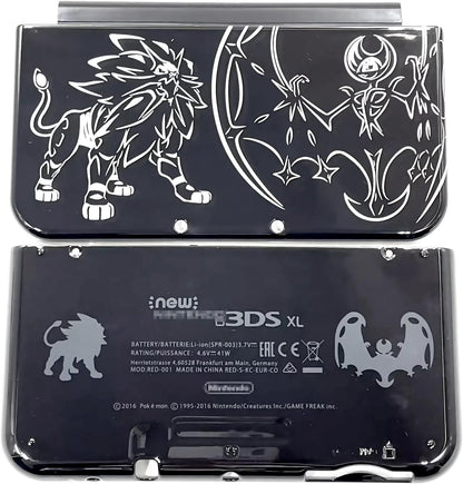 Black gaming console with engraved designs on the back