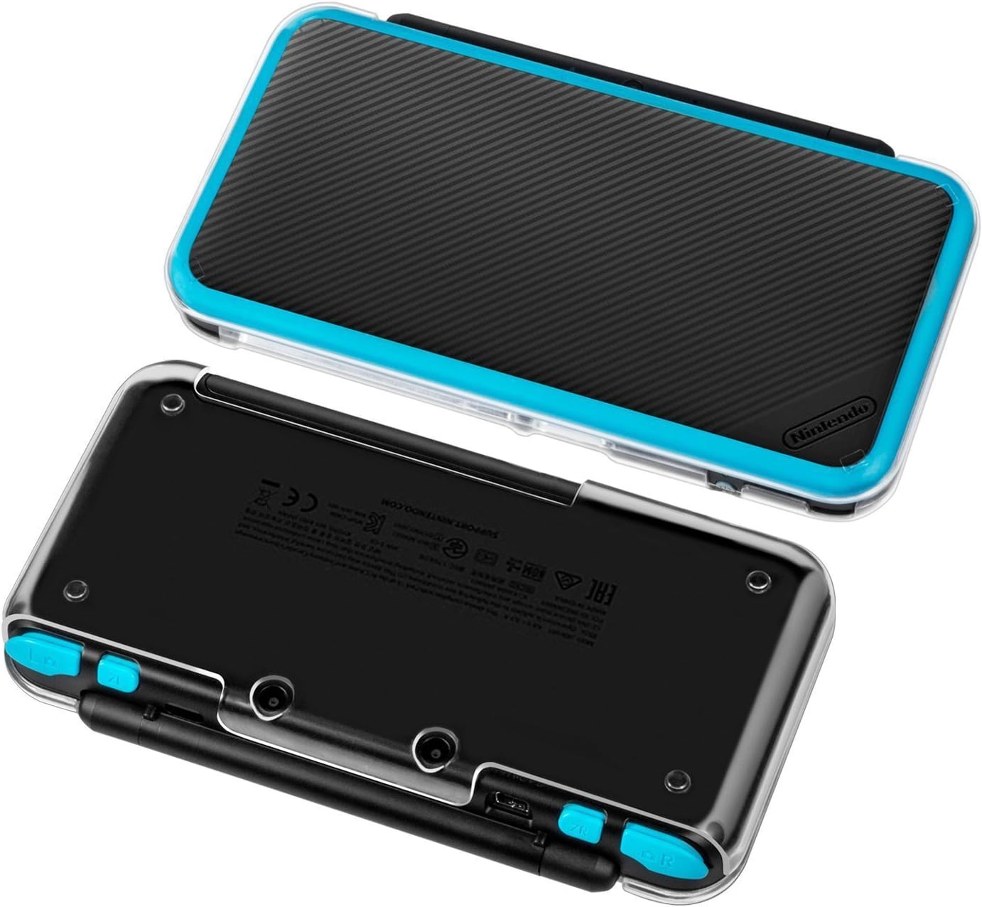 Black gaming console with blue accents on a white background