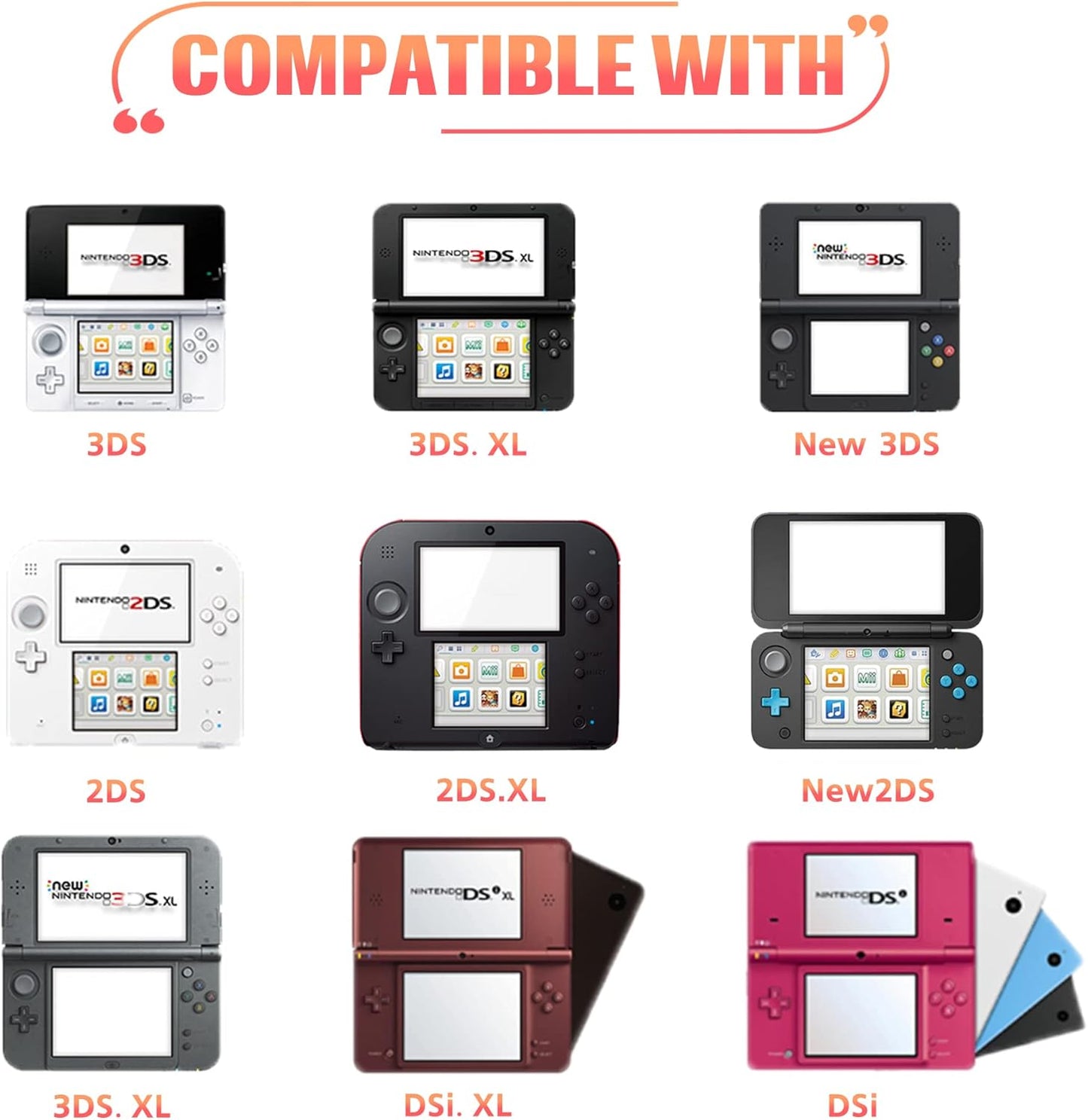 A grid lists Nintendo handhelds—3DS, 2DS XL, DSi XL, and more—under "Compatible With." It’s easy to find a replacement charger for your device with the Nintendo DSi / 2DS / 3DS Replacement Charger.