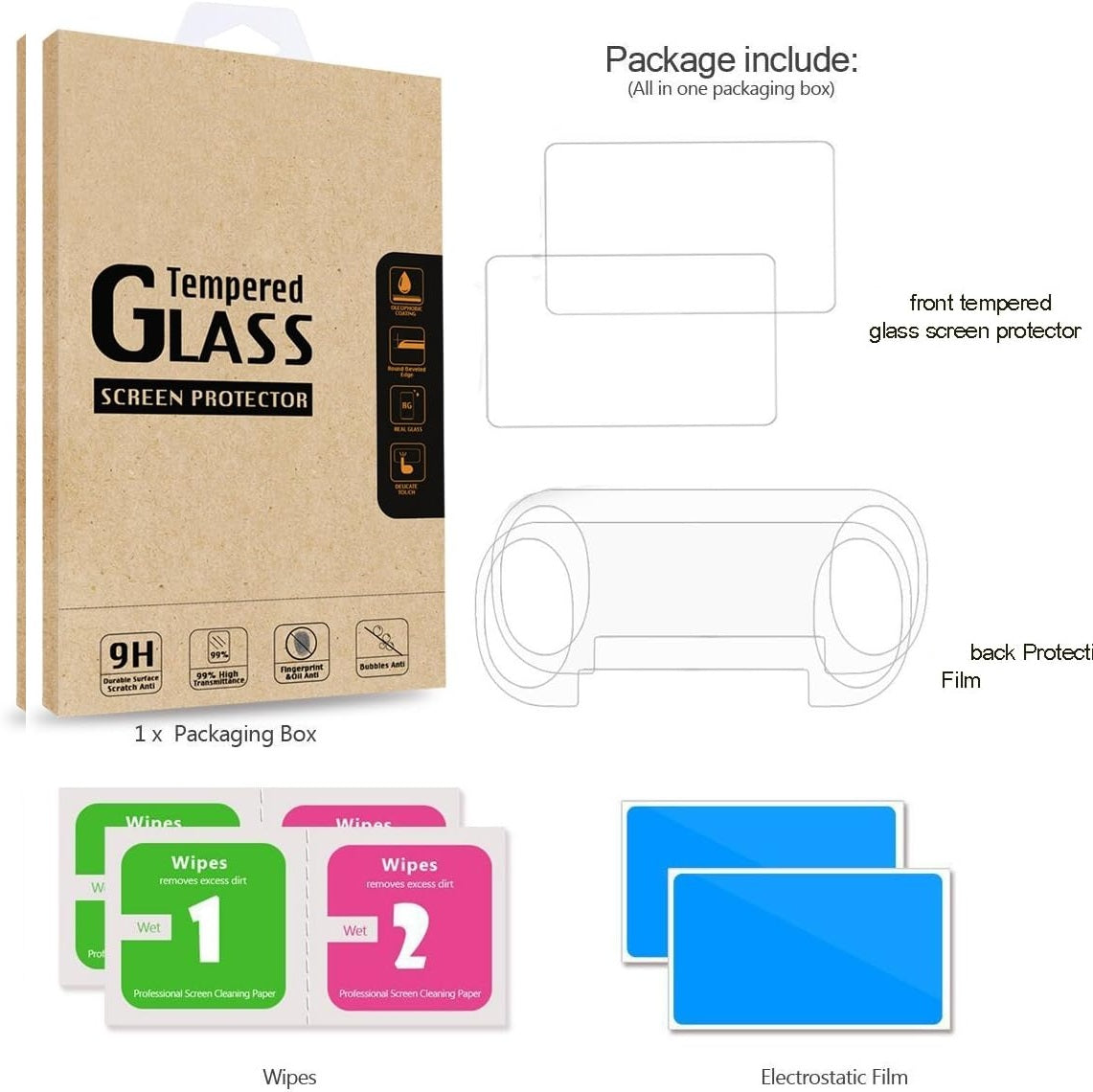 Packaging for the PS Vita 1000 Tempered Glass Screen Protector | OLED Display Protection shows the box, two protectors, wipes, and a diagram listing: front tempered glass, back protect film, electrostatic film, and wipes.