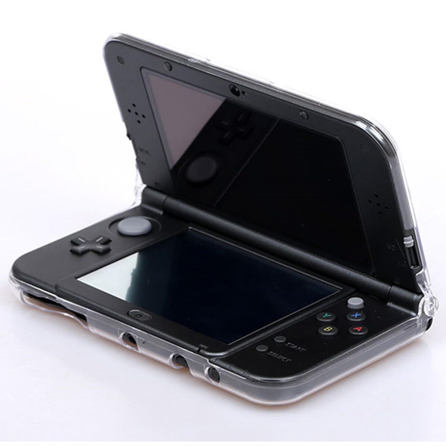 Black gaming console with dual screens on a white background