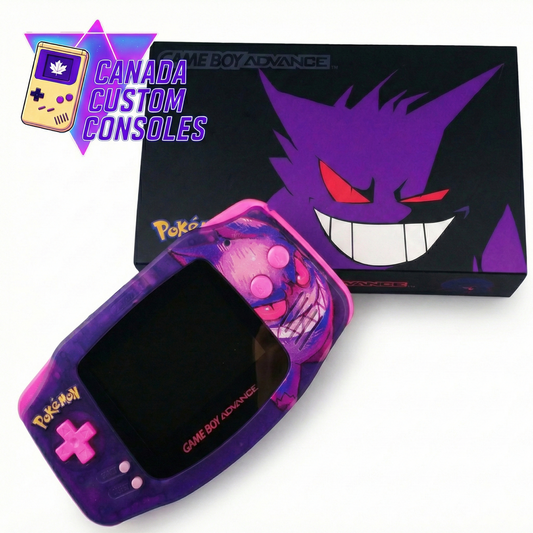 The Game Boy Advance – Gengar Edition | IPS 3.0 Laminated Display | Custom Build is displayed with a matching themed box, featuring the Canada Custom Consoles logo and a Game Boy graphic in the top left corner.