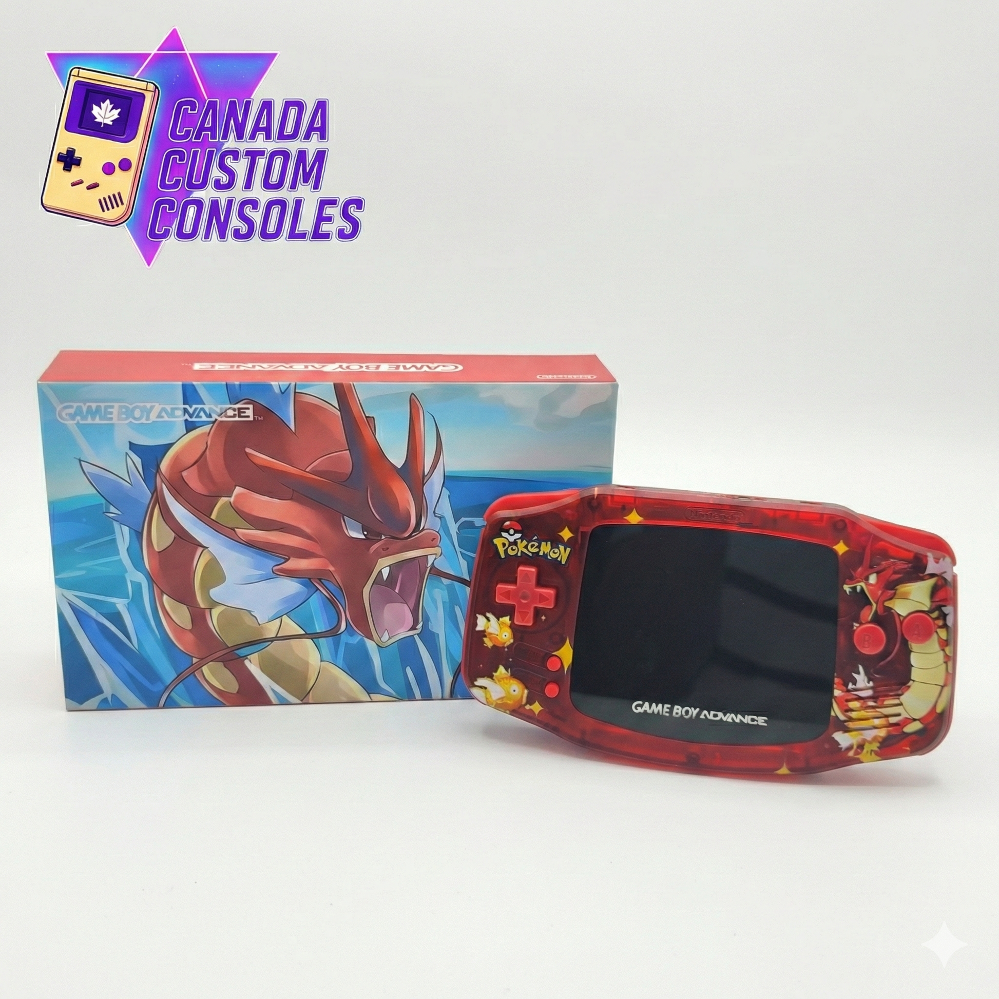 The Game Boy Advance – Red Gyarados Edition | IPS 3.0 Laminated Display | Custom Build features bold Gyarados graphics and an IPS 3.0 screen, shown with its matching box and the Canada Custom Consoles logo in the top left corner.