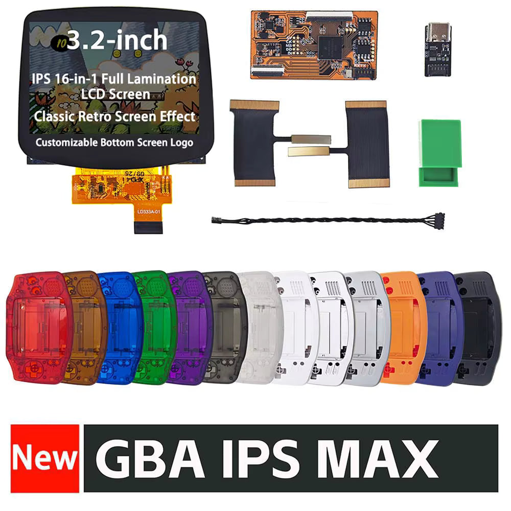The Game Boy Advance IPS MAX 3.2" Upgrade Kit | Laminated Screen + Custom Shell is shown with cables, adapters, and ten colorful replacement shells—offering a premium fully laminated screen upgrade for your GBA.