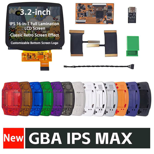 The Game Boy Advance IPS MAX 3.2" Upgrade Kit | Laminated Screen + Custom Shell is shown with cables, adapters, and ten colorful replacement shells—offering a premium fully laminated screen upgrade for your GBA.