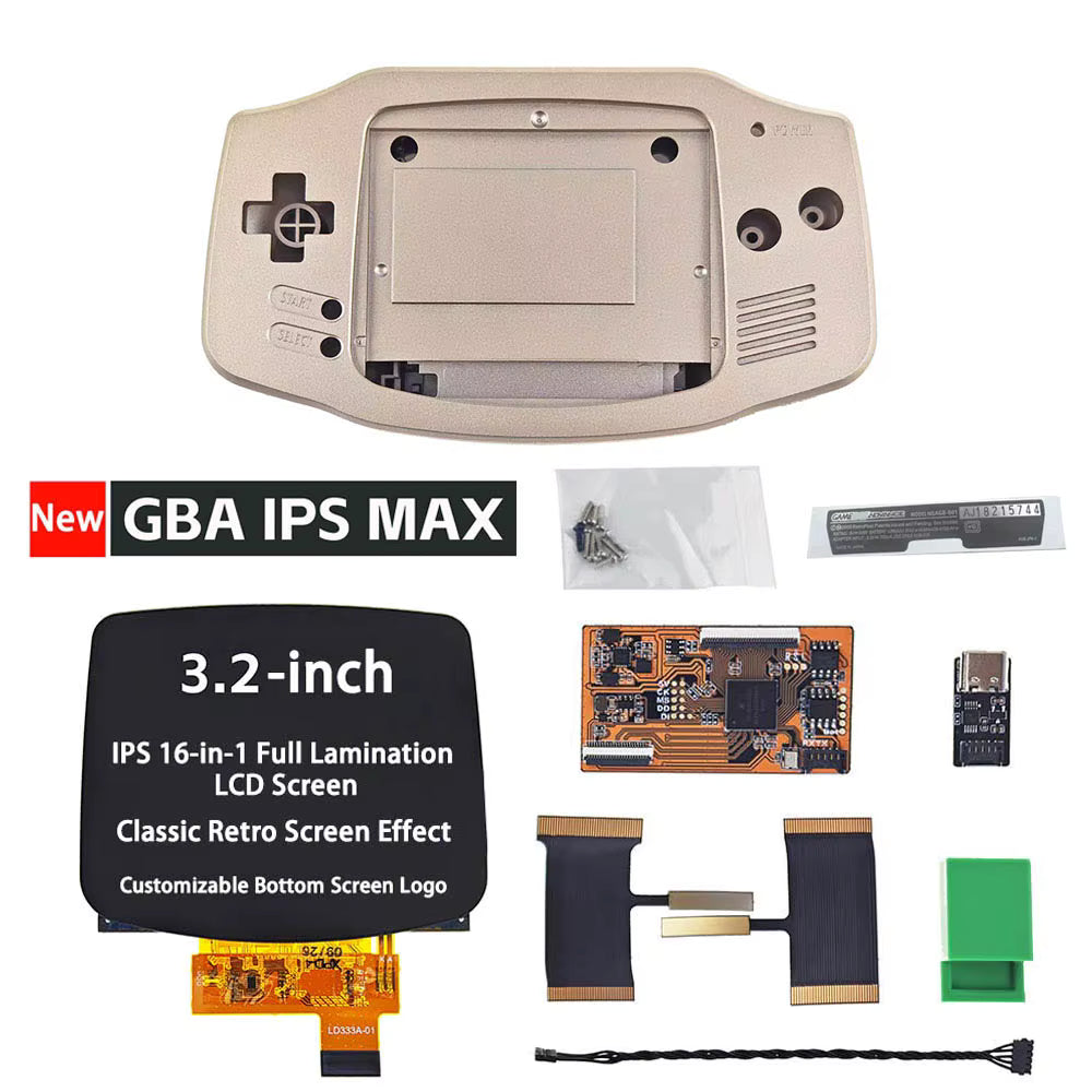 The Game Boy Advance IPS MAX 3.2" Upgrade Kit includes a laminated screen, custom beige shell, IPS MAX 3.2-inch display, circuit boards, USB adapter, plastic tools, ribbons, and a small technical display—perfect for modding your GBA.