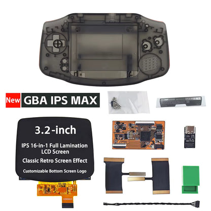 The Game Boy Advance IPS MAX 3.2" Upgrade Kit | Laminated Screen + Custom Shell includes a translucent black shell, fully laminated IPS MAX screen, circuit boards, cables, screws, green tool, drill bit, and accessories—shown on a white background.