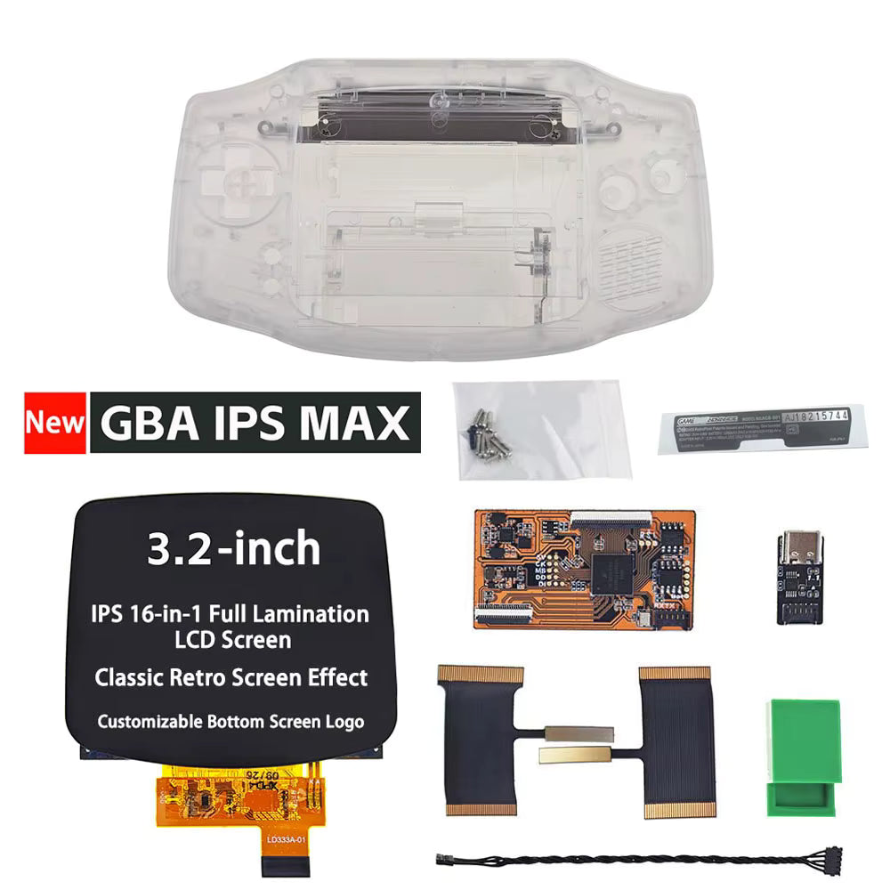 Upgrade your Game Boy Advance with the IPS MAX 3.2" Upgrade Kit—includes a laminated screen, clear custom shell, adapter boards, ribbon cables, and accessories for the ultimate display enhancement.