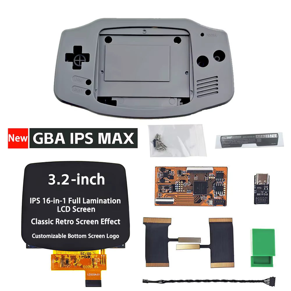 Game Boy Advance IPS MAX 3.2" Upgrade Kit | Laminated Screen + Custom Shell—includes a gray shell, 3.2" IPS MAX screen, ribbon cables, buttons, battery, USB adapter, and tools—all shown separately on a white background.
