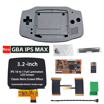Game Boy Advance IPS MAX 3.2" Upgrade Kit | Laminated Screen + Custom Shell—includes a gray shell, 3.2" IPS MAX screen, ribbon cables, buttons, battery, USB adapter, and tools—all shown separately on a white background.