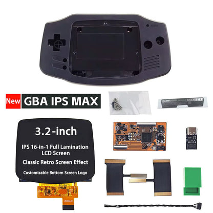 The Game Boy Advance IPS MAX 3.2" Upgrade Kit features a fully laminated screen, custom black shell, circuit boards, ribbon cables, screws, tool, USB device, and everything needed for a premium GBA screen upgrade.