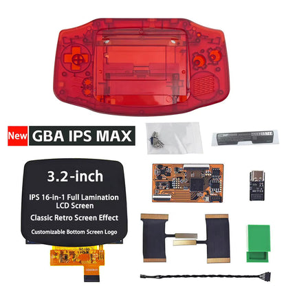 The Game Boy Advance IPS MAX 3.2" Upgrade Kit with a laminated screen and custom red transparent shell, ribbon cables, screwdriver, circuit boards, screws, and parts are neatly displayed on a white background for your GBA upgrade.