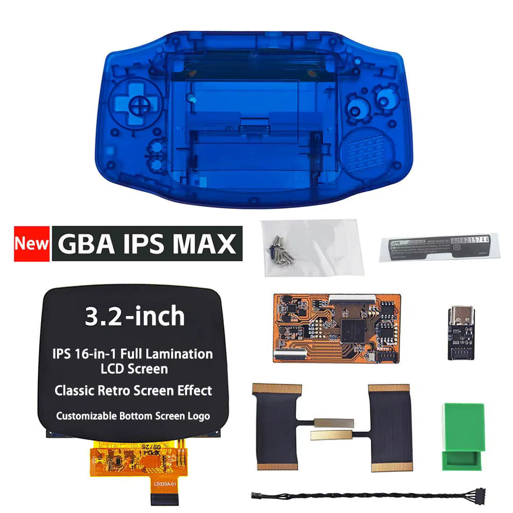 The Game Boy Advance IPS MAX 3.2" Upgrade Kit | Laminated Screen + Custom Shell includes a blue shell, fully laminated 3.2-inch IPS screen, circuit boards, ribbon cable, screws, and tools for a complete screen upgrade.