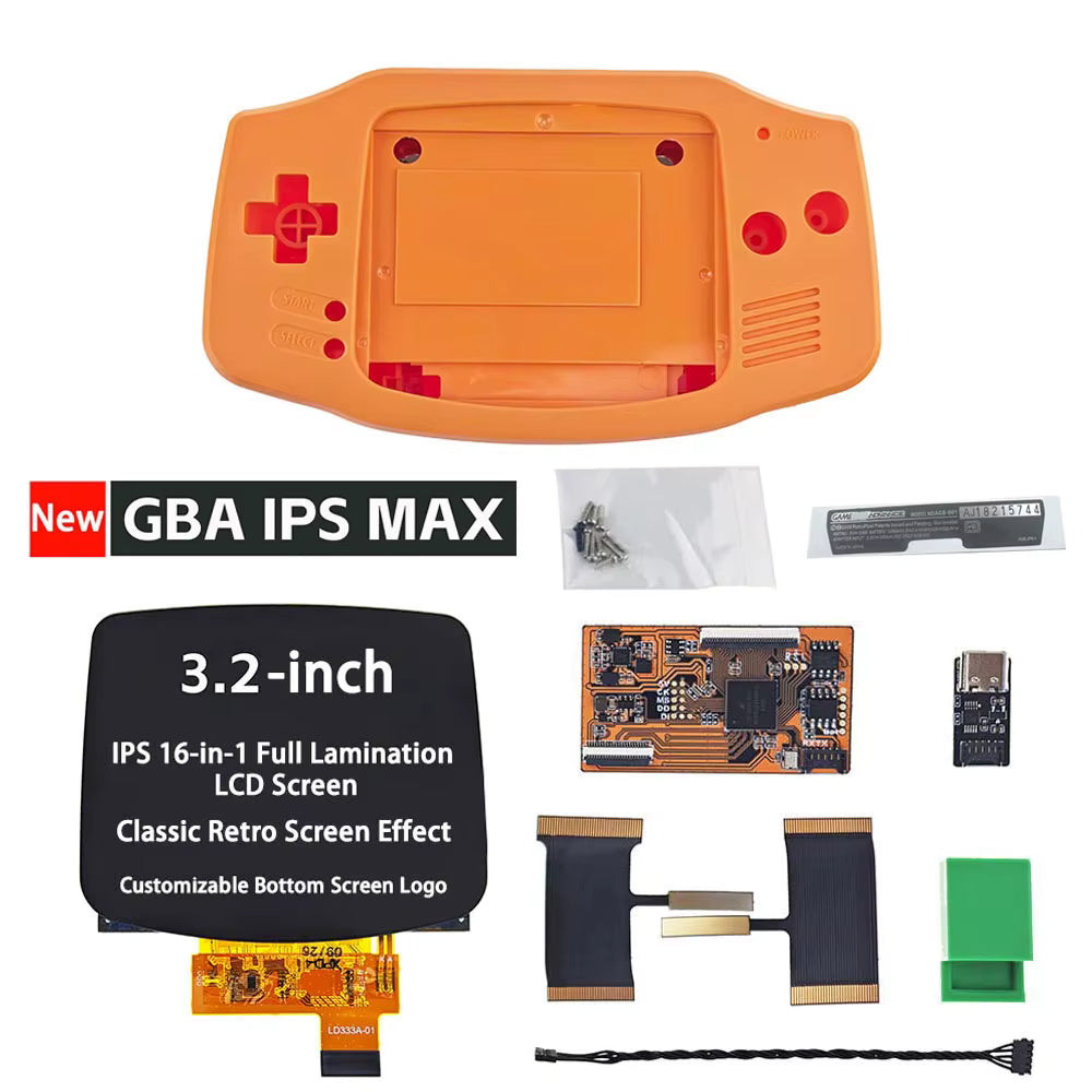 Game Boy Advance IPS MAX 3.2" Upgrade Kit | Laminated Screen + Custom Shell includes an orange GBA shell, fully laminated 3.2" IPS MAX display, flex cables, circuit boards, buttons, screwdriver, and other essential components.