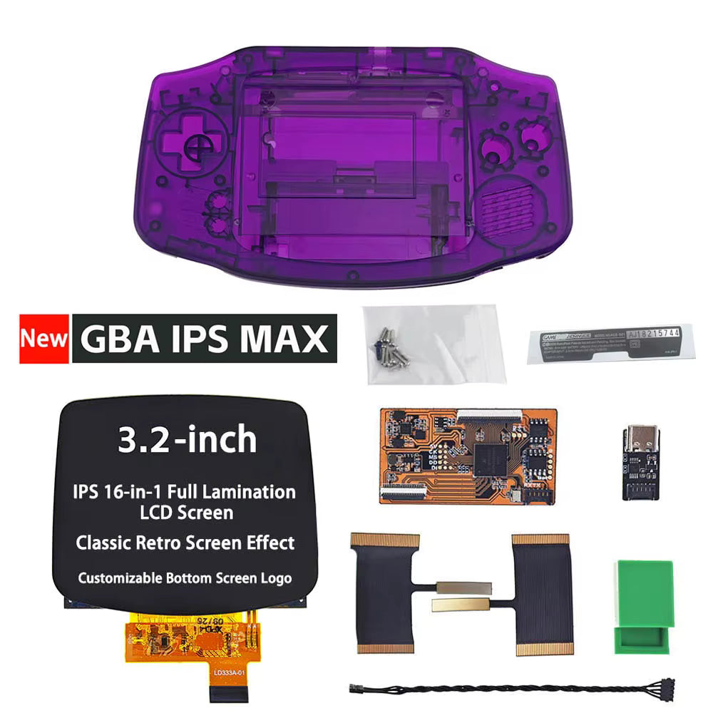 The Game Boy Advance IPS MAX 3.2" Upgrade Kit includes a laminated screen, custom purple translucent shell, flex cables, circuit boards, screws, green tool, and accessories for upgrading your Game Boy Advance.